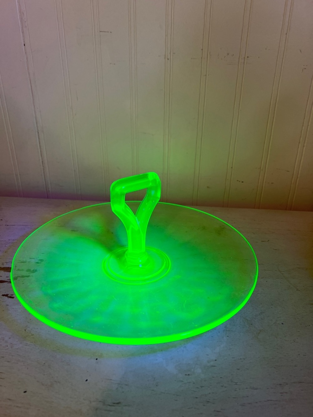 Vintage Uranium Depression Glass green round serving tray handle